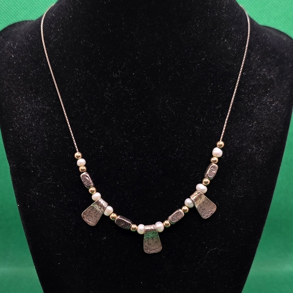 Vintage Sterling Silver Beaded Necklace Marked .925 KJ 16.5" - Picture 1 of 5